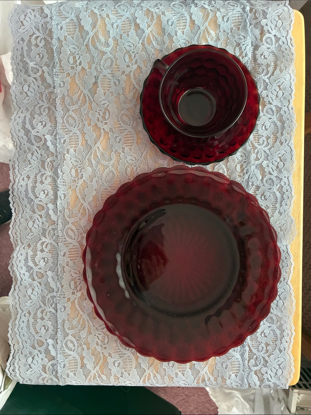 Ruby Red Glass Cup and Plate Set